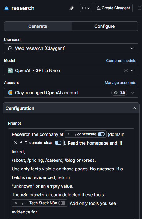 The configuration panel of a Clay AI column named research: use case web research, model GPT 5 Nano, a Clay-managed account at 0.5 credit per row, and a prompt that allows only facts from the homepage and the pages it links to.