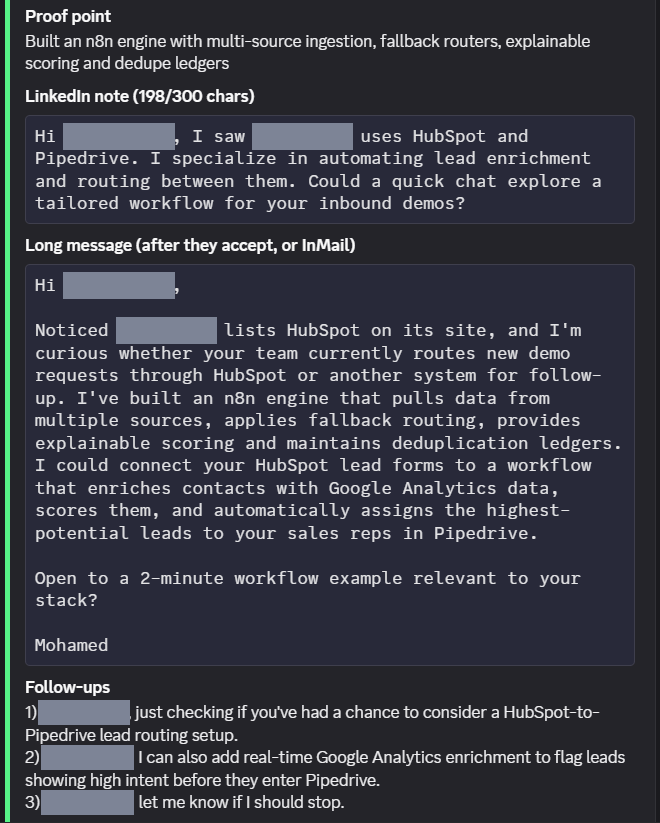A review card in Discord with one draft: the proof point, a LinkedIn note with its character count, a longer message and three follow-ups. The recipient's name and company are covered.